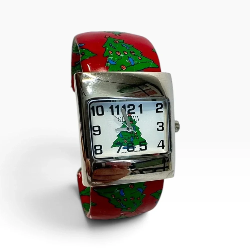 Geneva Christmas Tree Cuff Watch OS Red Holiday Festive Quartz